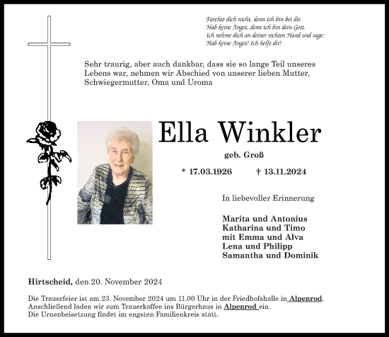 Traueranzeige von Ella Winkler von Westerwälder Zeitung