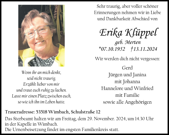 Traueranzeige von Erika Klüppel von Rhein-Zeitung