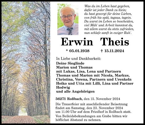 Traueranzeige von Erwin Theis von Westerwälder Zeitung, Rhein-Zeitung