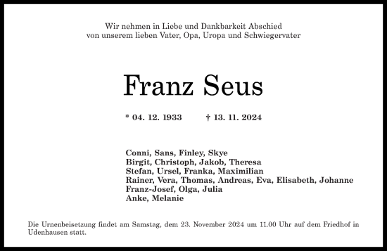 Traueranzeige von Franz Seus von Rhein-Zeitung