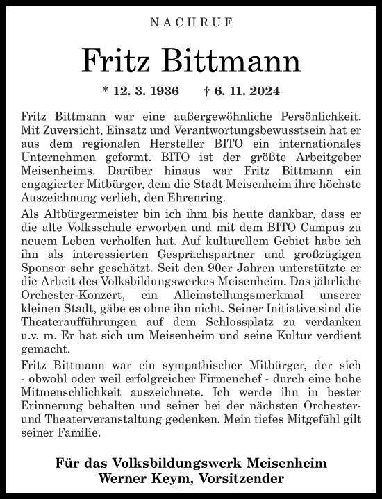 Traueranzeige von Fritz Bittmann von Oeffentlicher Anzeiger