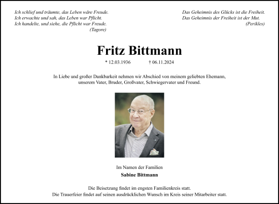 Traueranzeige von Fritz Bittmann von Nahe-Zeitung