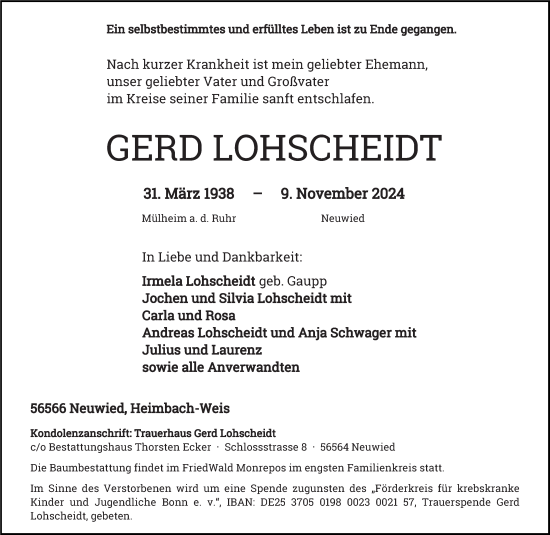 Traueranzeige von Gerd Lohscheidt von Rhein-Zeitung