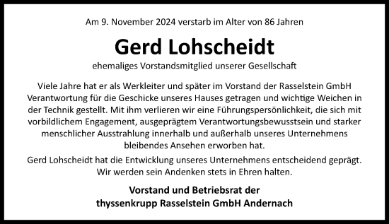 Traueranzeige von Gerd Lohscheidt von Rhein-Zeitung