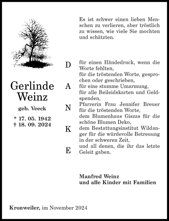 Traueranzeige von Gerlinde Weinz von Nahe-Zeitung