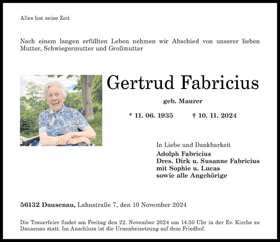 Traueranzeige von Gertrud Fabricius von Rhein-Lahn-Zeitung