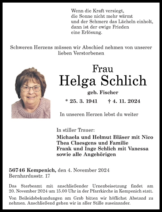 Traueranzeige von Helga Schlich von Rhein-Zeitung