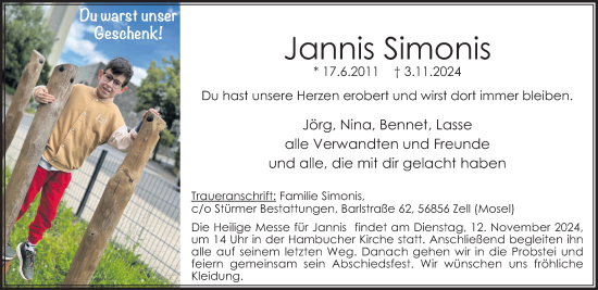 Traueranzeige von Jannis Simonis von Rhein-Zeitung