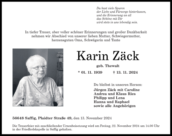 Traueranzeige von Karin Zäck von Rhein-Zeitung