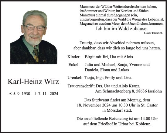 Traueranzeige von Karl-Heinz Wirz von Rhein-Zeitung, Rhein-Hunsrück-Zeitung