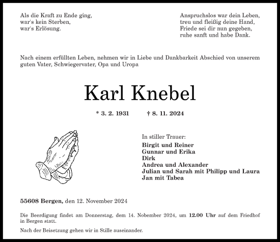 Traueranzeige von Karl Knebel von Nahe-Zeitung