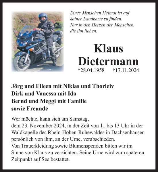 Traueranzeige von Klaus Dietermann von Rhein-Lahn-Zeitung