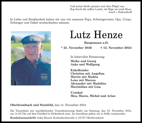 Traueranzeige von Lutz Henze von Nahe-Zeitung