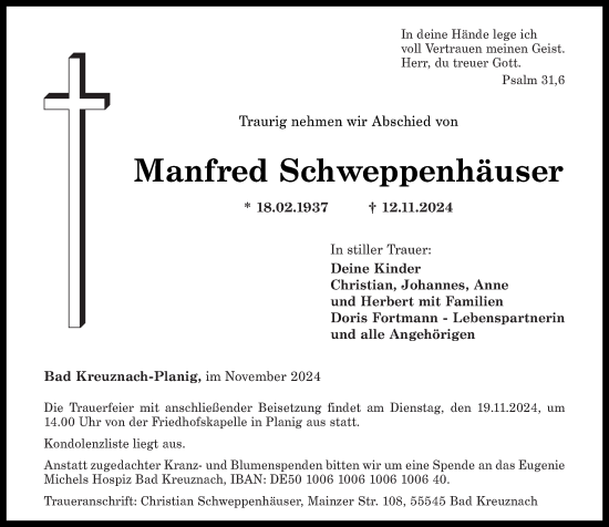 Traueranzeige von Manfred Schweppenhäuser von Oeffentlicher Anzeiger