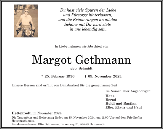 Traueranzeige von Margot Gethmann von Nahe-Zeitung