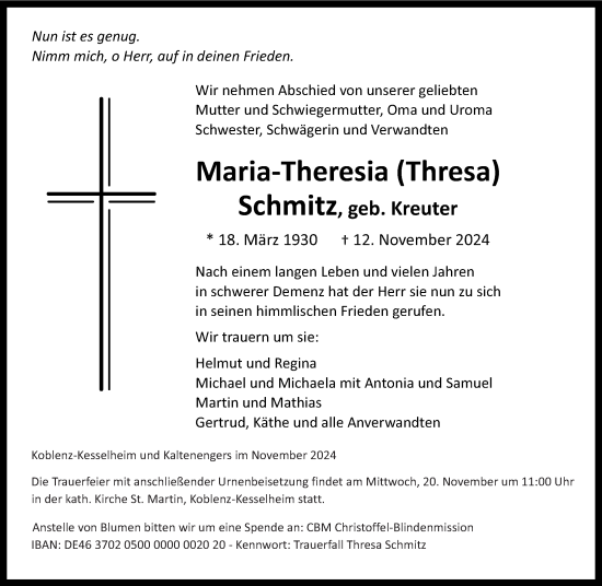 Traueranzeige von Maria-Theresia Schmitz von Rhein-Zeitung