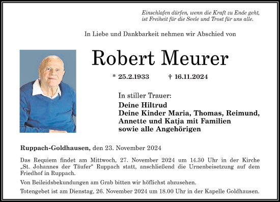 Traueranzeige von Robert Meurer von Westerwälder Zeitung