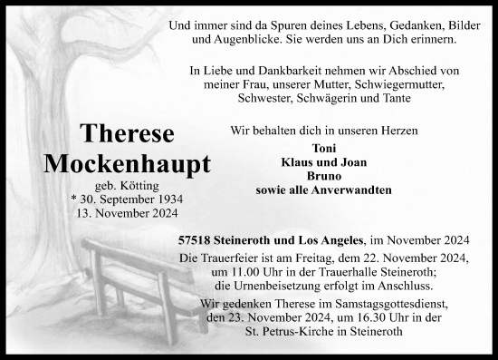 Traueranzeige von Therese Mockenhaupt von Rhein-Zeitung