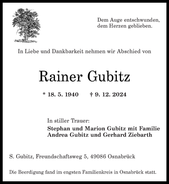 Traueranzeige von Rainer Gubitz von Rhein-Zeitung