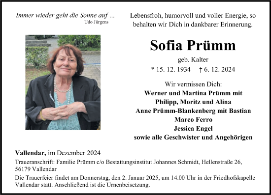 Traueranzeige von Sofia Prümm von Rhein-Zeitung