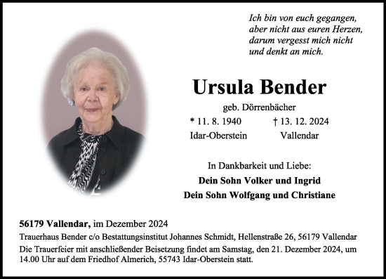 Traueranzeige von Ursula Bender von Oeffentlicher Anzeiger, Rhein-Zeitung