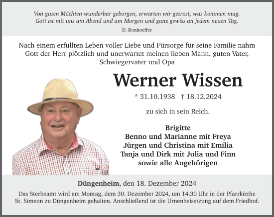 Traueranzeige von Werner Wissen von Rhein-Zeitung