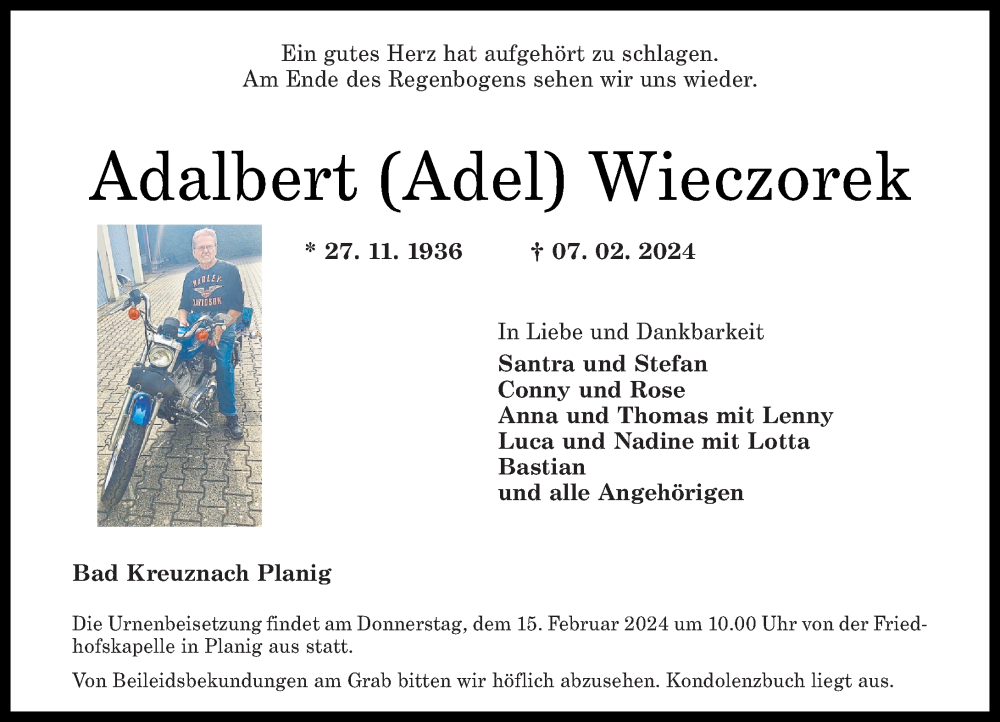  Traueranzeige für Adalbert Wieczorek vom 10.02.2024 aus Oeffentlicher Anzeiger