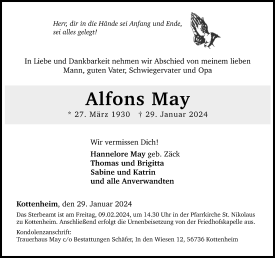 Traueranzeige von Alfons May von Rhein-Zeitung