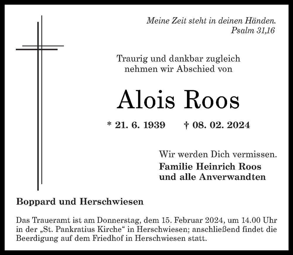  Traueranzeige für Alois Roos vom 13.02.2024 aus Rhein-Hunsrück-Zeitung