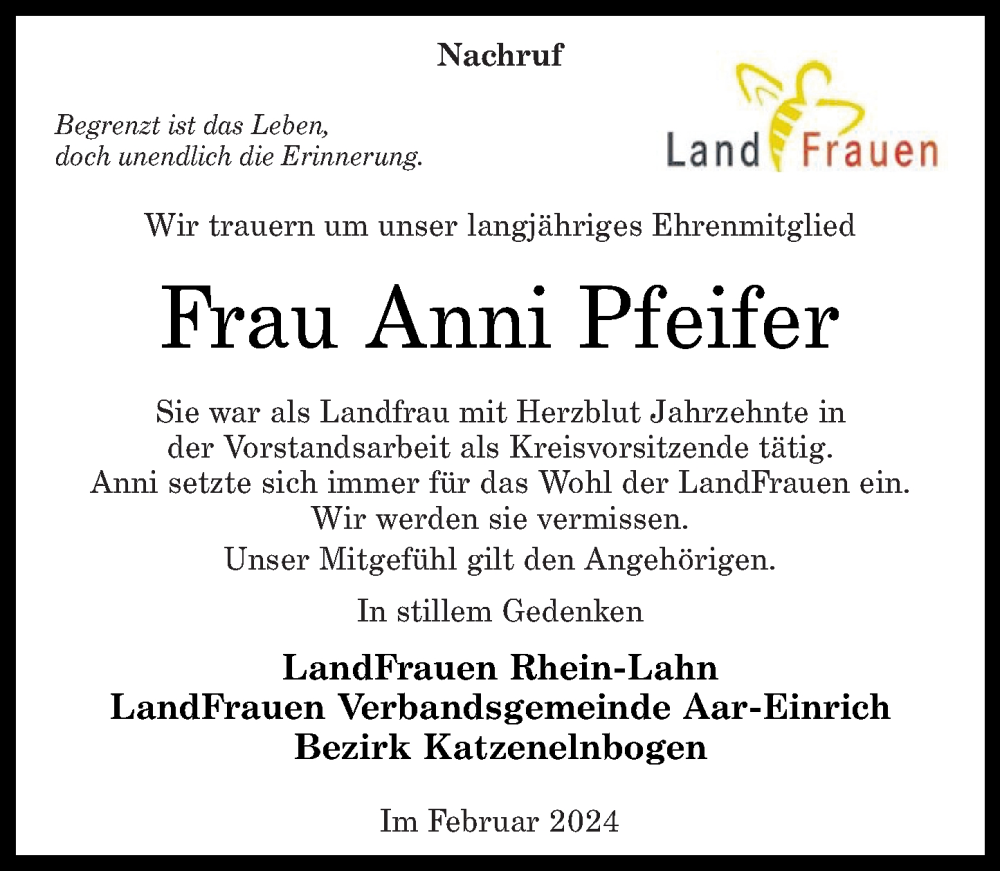  Traueranzeige für Anni Pfeifer vom 17.02.2024 aus Rhein-Lahn-Zeitung