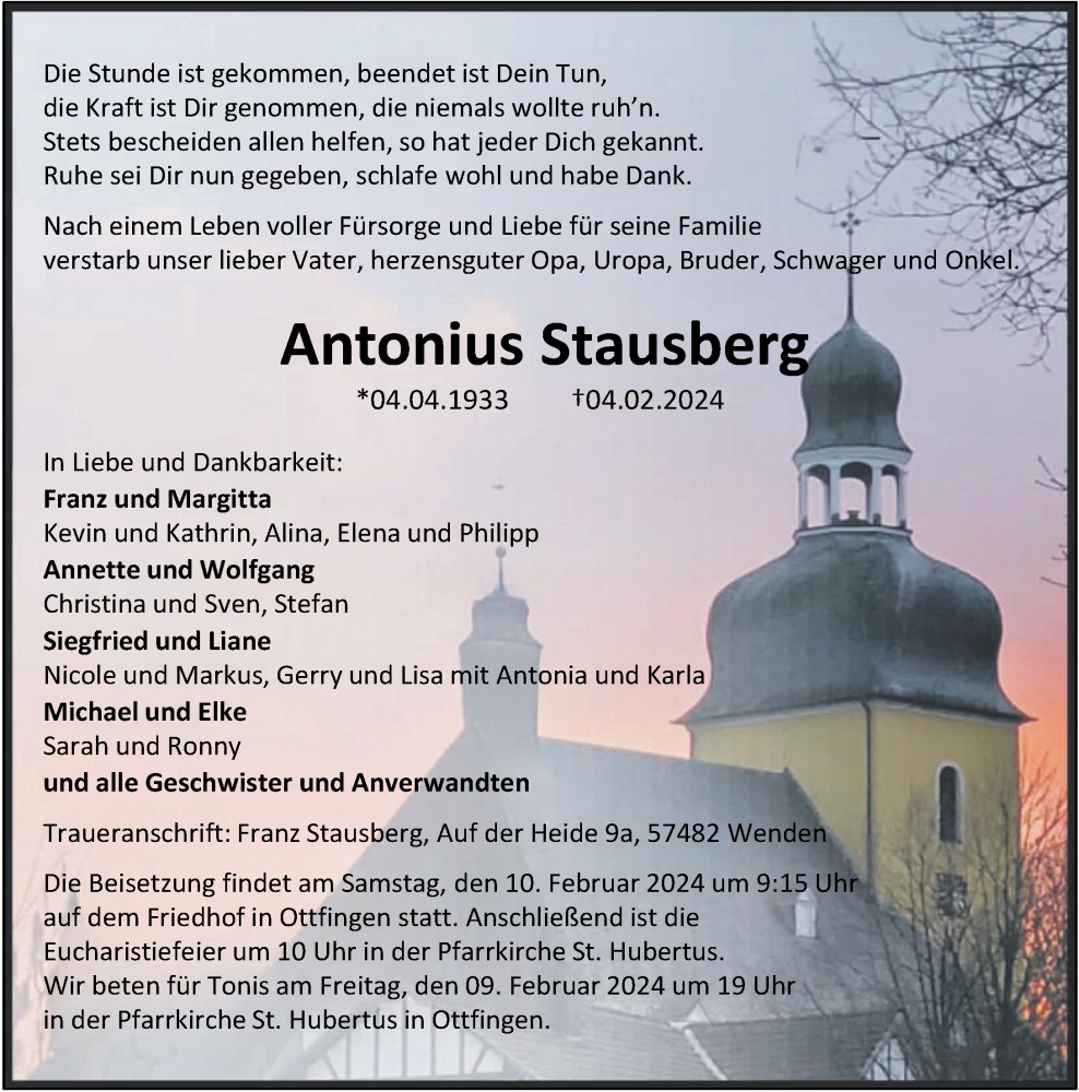  Traueranzeige für Antonius Stausberg vom 07.02.2024 aus Rhein-Zeitung