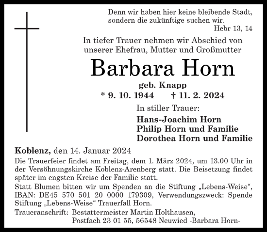 Traueranzeige von Barbara Horn von Rhein-Zeitung