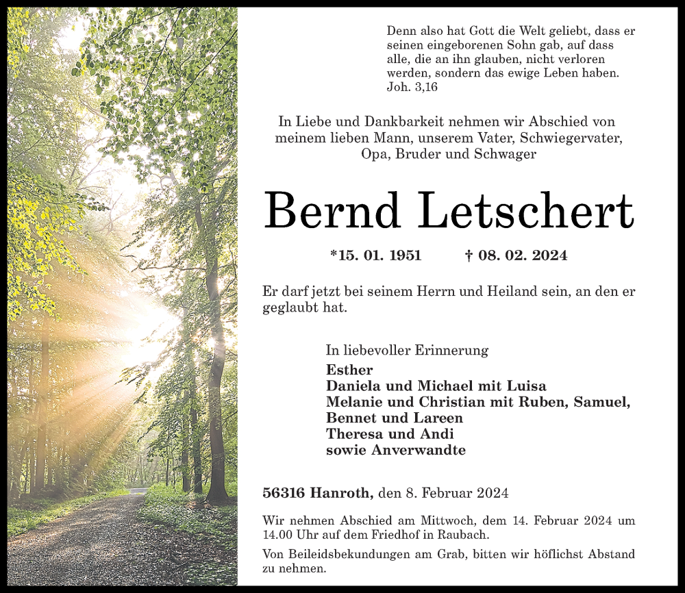  Traueranzeige für Bernd Letschert vom 12.02.2024 aus Rhein-Zeitung