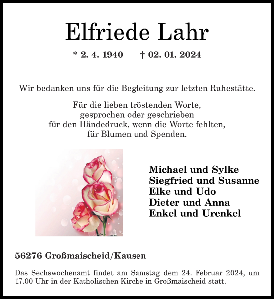 Traueranzeige von Elfriede Lahr von Rhein-Zeitung, Westerwälder Zeitung