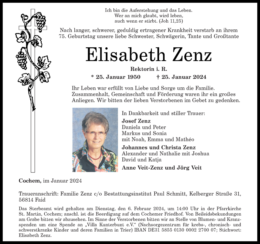  Traueranzeige für Elisabeth Zenz vom 02.02.2024 aus Rhein-Zeitung
