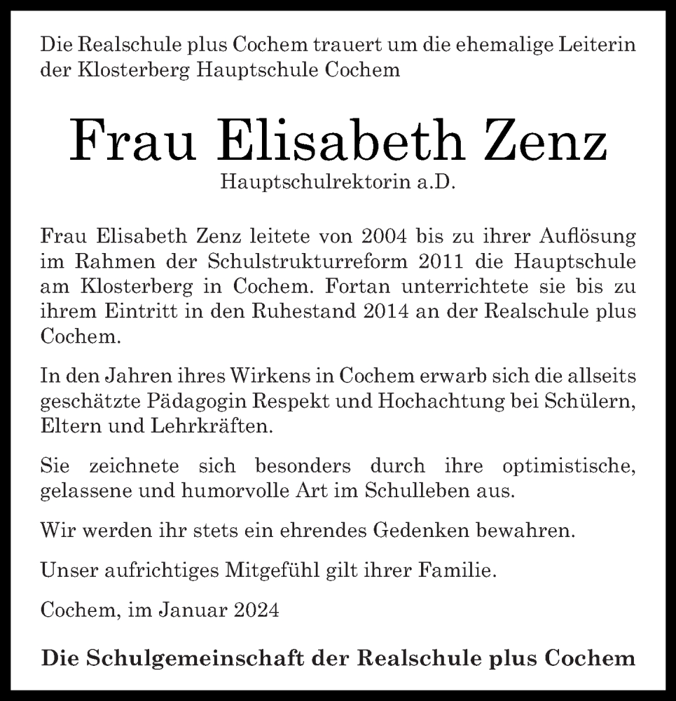  Traueranzeige für Elisabeth Zenz vom 03.02.2024 aus Rhein-Zeitung
