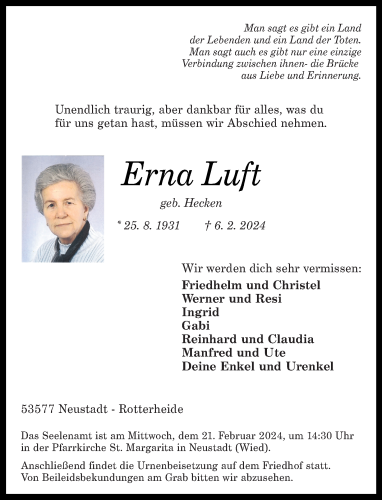  Traueranzeige für Erna Luft vom 10.02.2024 aus Rhein-Zeitung