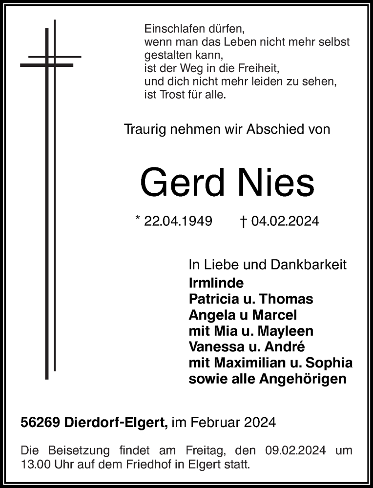  Traueranzeige für Gerd Nies vom 07.02.2024 aus Rhein-Zeitung