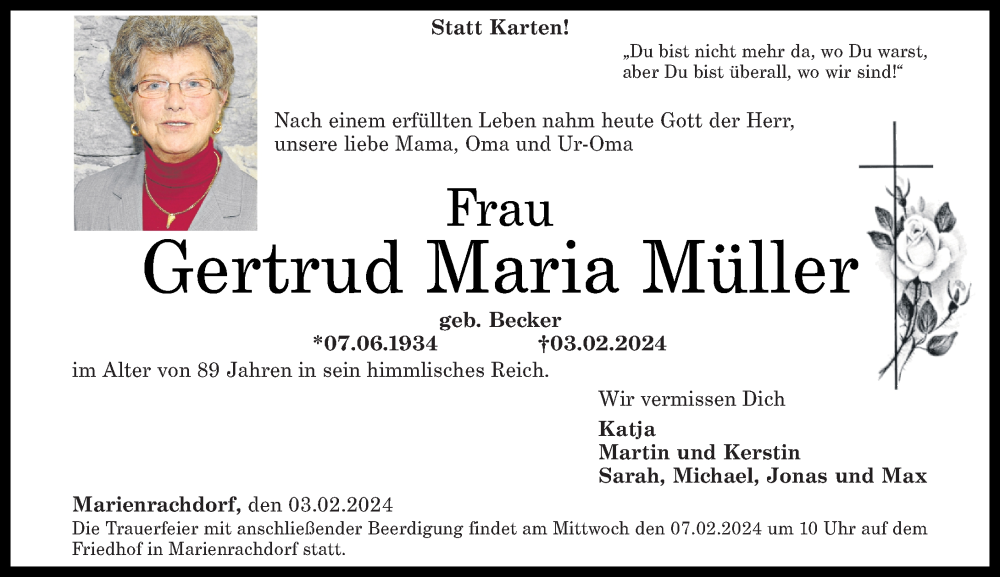  Traueranzeige für Gertrud Maria Müller vom 06.02.2024 aus Westerwälder Zeitung