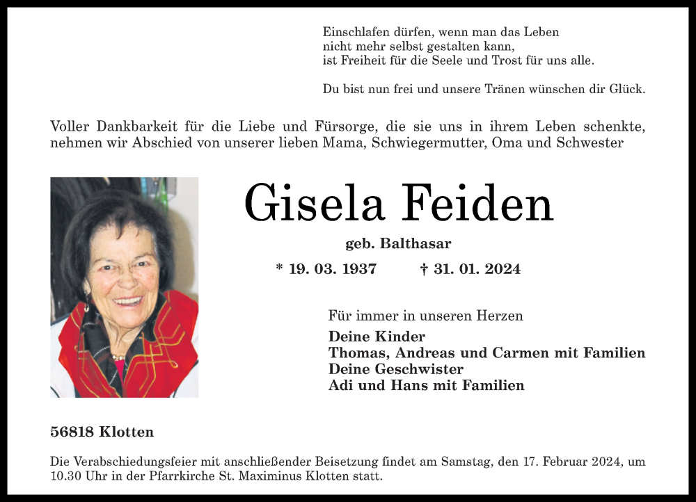  Traueranzeige für Gisela Feiden vom 07.02.2024 aus Rhein-Zeitung