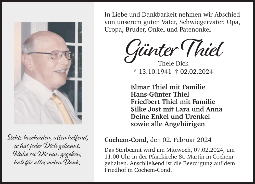  Traueranzeige für Günter Thiel vom 06.02.2024 aus Rhein-Zeitung