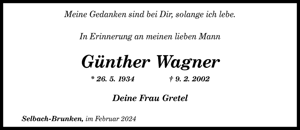  Traueranzeige für Günther Wagner vom 13.02.2024 aus Rhein-Zeitung