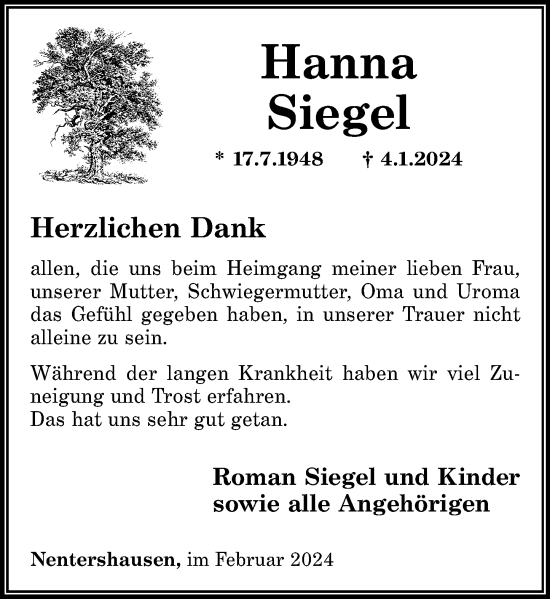 Traueranzeige von Hanna Siegel von Westerwälder Zeitung
