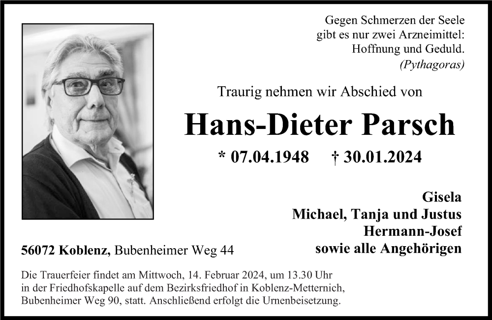  Traueranzeige für Hans-Dieter Parsch vom 10.02.2024 aus Rhein-Zeitung