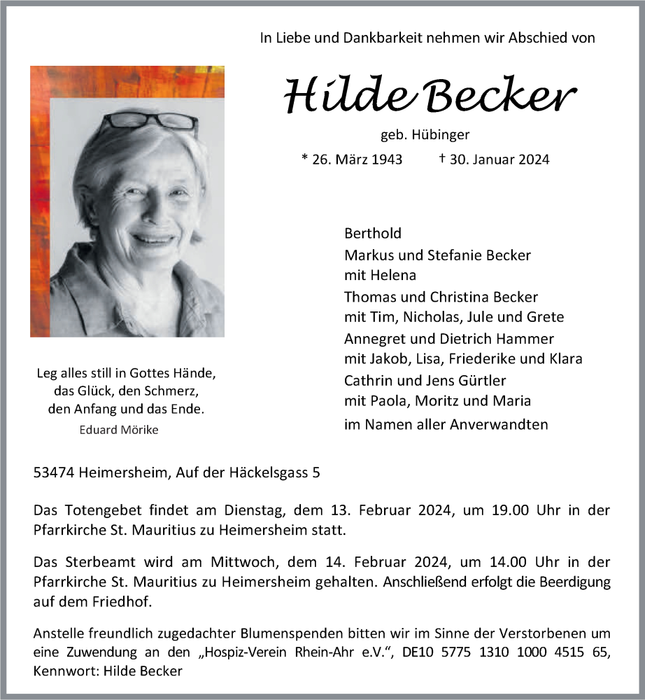  Traueranzeige für Hilde Becker vom 03.02.2024 aus Rhein-Zeitung