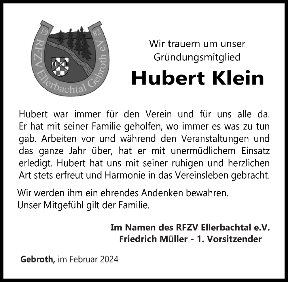 Traueranzeige für Hubert Klein vom 13.02.2024 aus Oeffentlicher Anzeiger