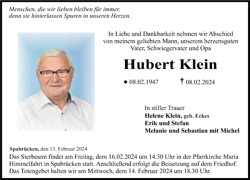  Traueranzeige für Hubert Klein vom 13.02.2024 aus Oeffentlicher Anzeiger