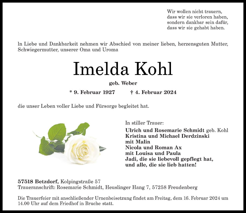  Traueranzeige für Imelda Kohl vom 13.02.2024 aus Rhein-Zeitung