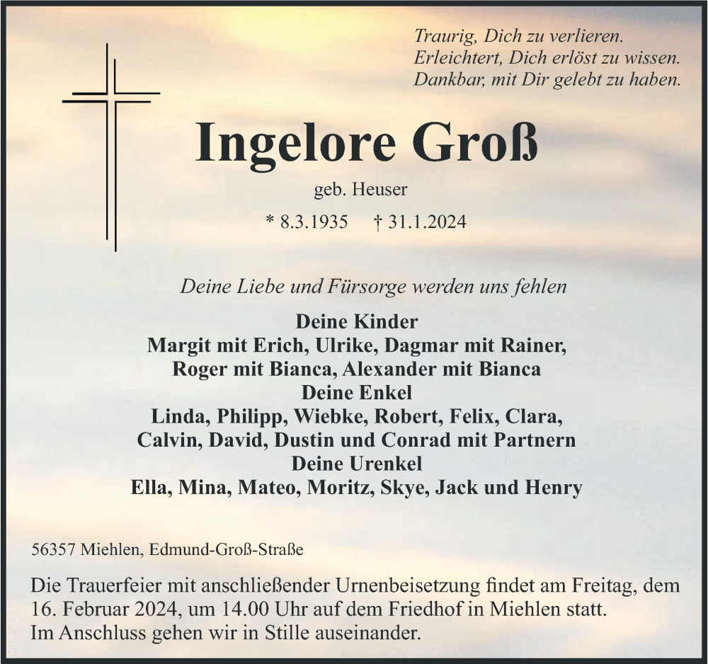  Traueranzeige für Ingelore Groß vom 10.02.2024 aus Rhein-Lahn-Zeitung