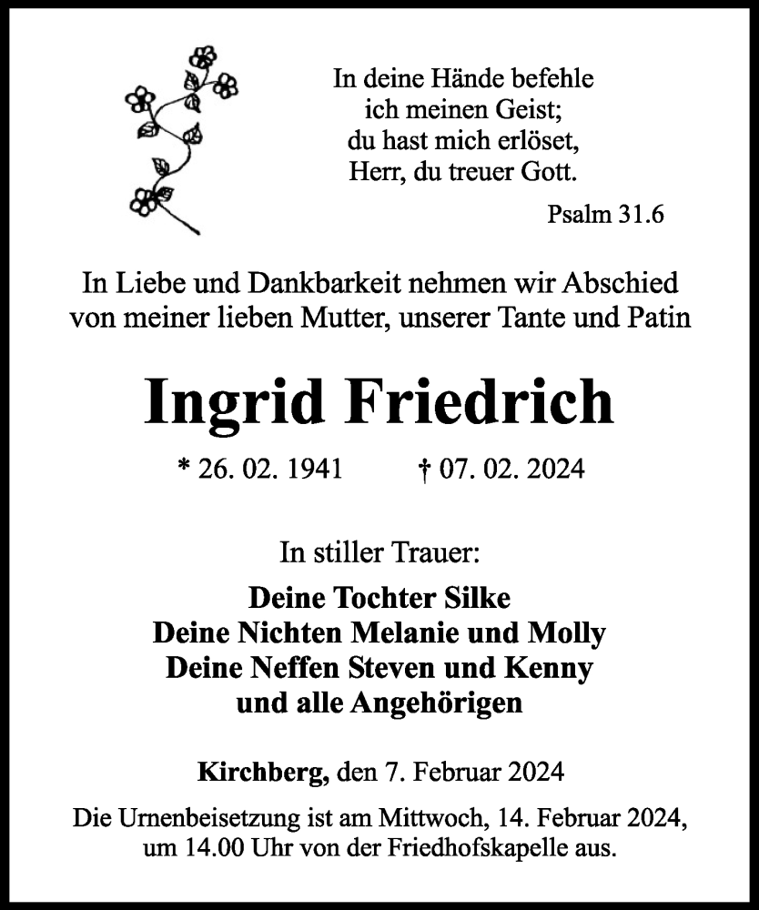  Traueranzeige für Ingrid Friedrich vom 10.02.2024 aus Rhein-Hunsrück-Zeitung